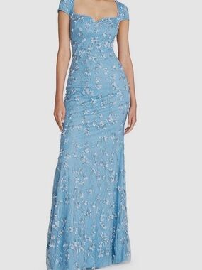 Theia Light Blue Floral Embroidered Maxi Gown